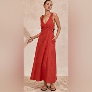 Mon Renn Celine Linen V Neck Midi Dress Magenta Orange with A line Skirt NWT